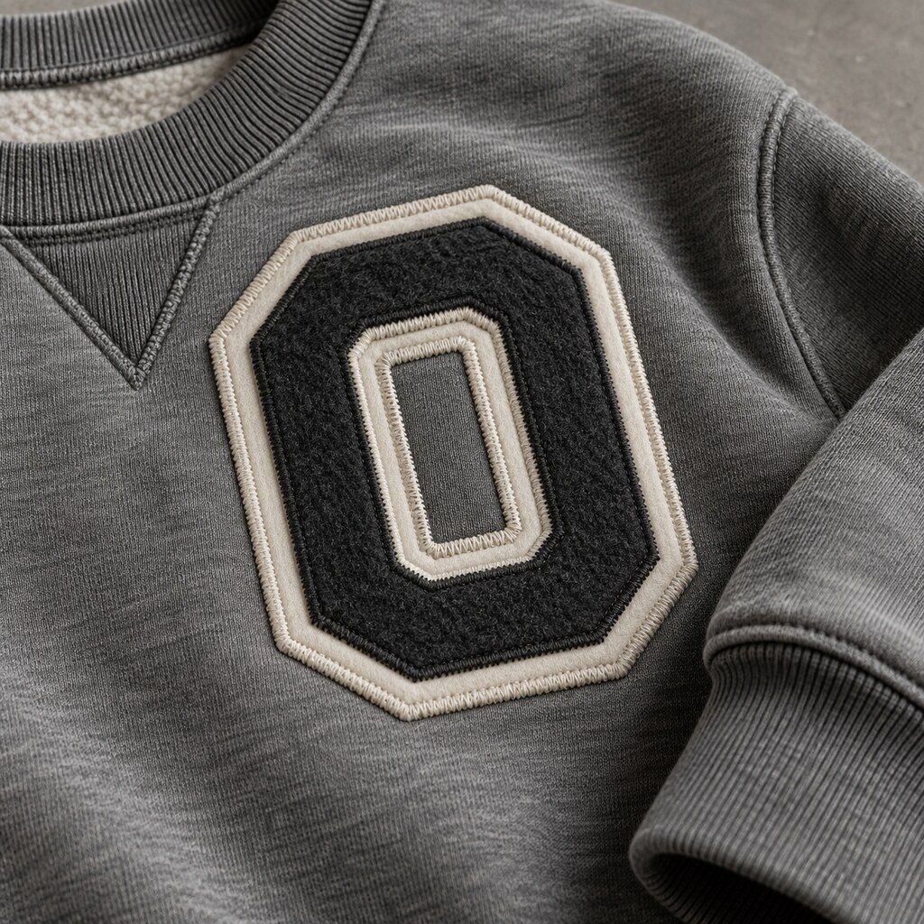 Applique embroidery construction on custom streetwear garment