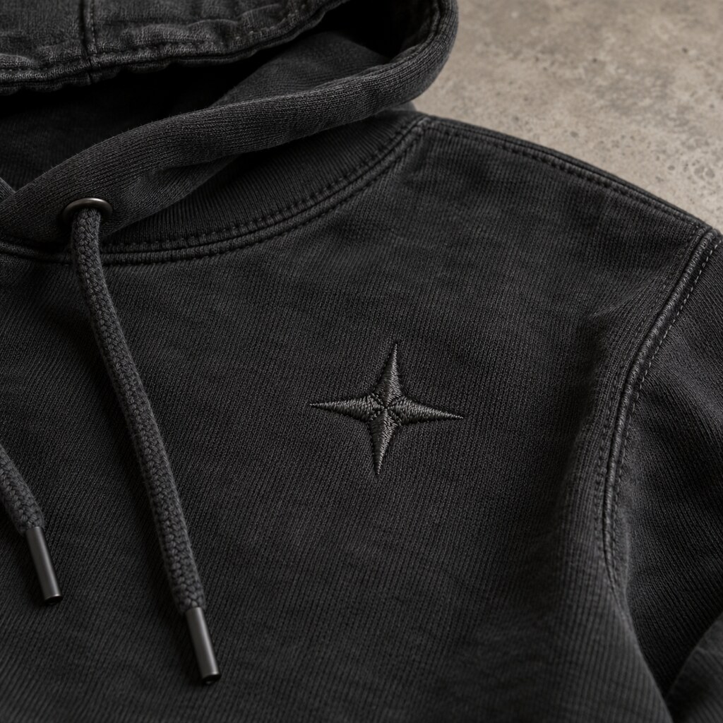 Custom embroidery detail on heavyweight streetwear hoodie