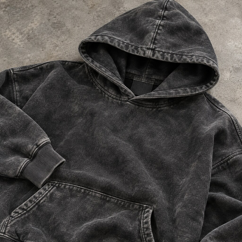 Garment washed finish on custom streetwear hoodie